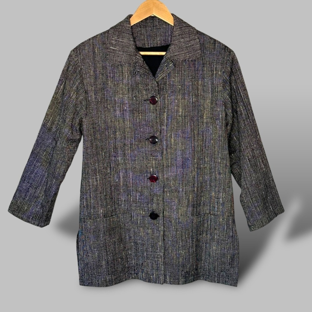 Vintage Silk Blazer Woven Tweed Jacket Black White Boxy Patch Pockets Size 6 - Picture 1 of 12